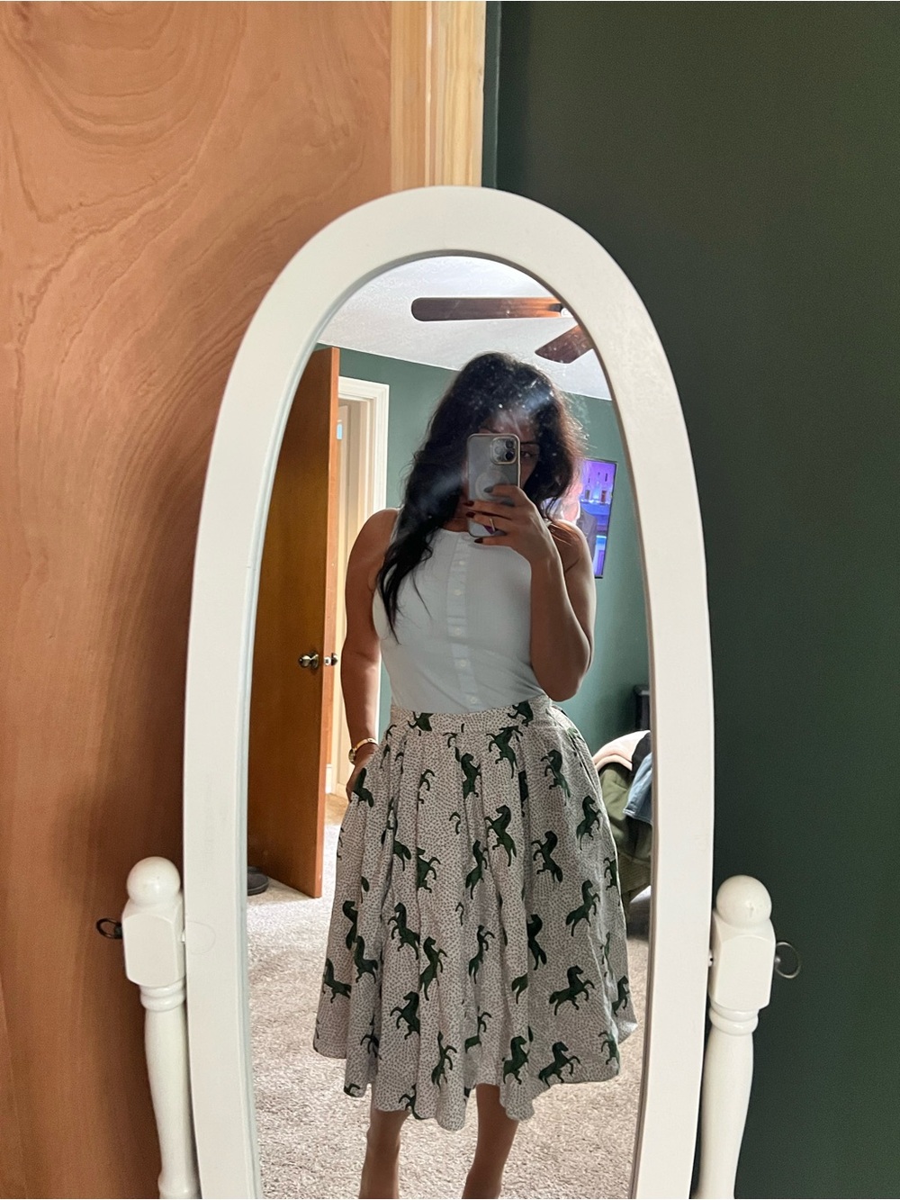 Pinkyotto White Midi Skirt with Green Horse Print
